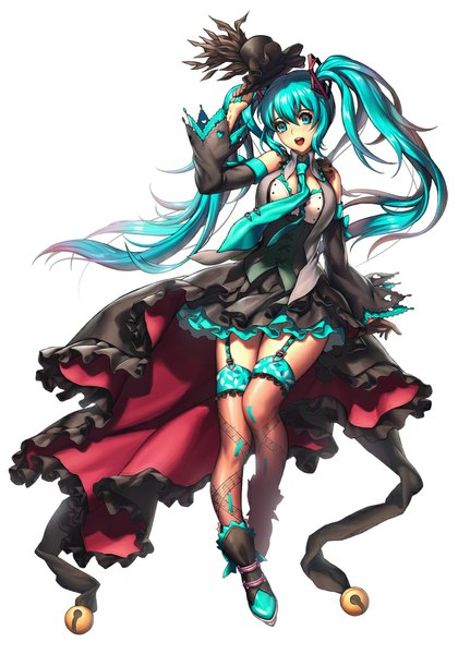 Anime picture 700x1000 with vocaloid hatsune miku metto single long hair tall image open mouth simple background smile white background twintails :d aqua eyes aqua hair girl thighhighs dress hat detached sleeves necktie