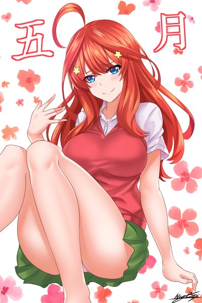 Anime picture 2400x3600 with go-toubun no hanayome nakano itsuki nez-kun (nezkunn) single long hair tall image looking at viewer blush fringe highres breasts blue eyes light erotic simple background smile hair between eyes large breasts white background sitting signed