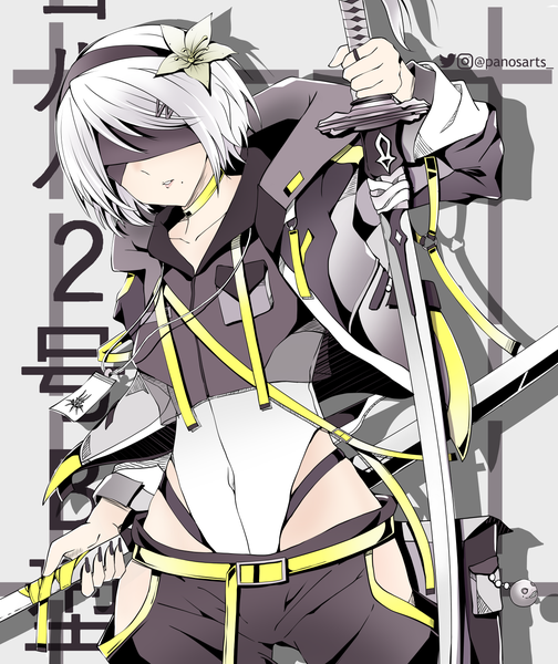 Anime picture 1260x1500 with nier nier:automata yorha no. 2 type b panos (ssgpanos) single tall image short hair light erotic signed silver hair nail polish hair flower grey background mole open jacket shadow alternate costume character names twitter username covered navel