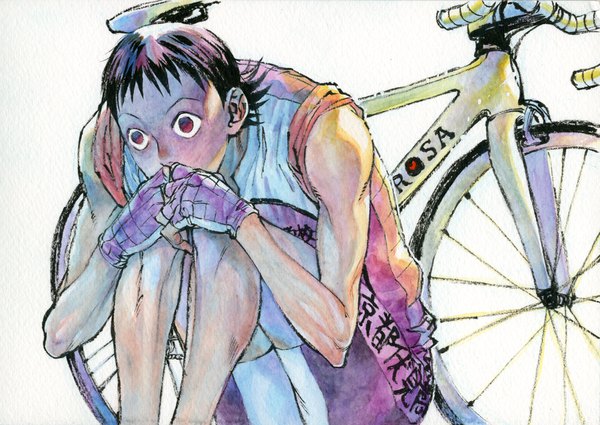 Anime picture 1000x709 with yowamushi pedal midousuji akira asami you single short hair black hair simple background red eyes white background looking away covered mouth traditional media embryo's pose sleeves pushed up boy gloves uniform shorts fingerless gloves gym uniform
