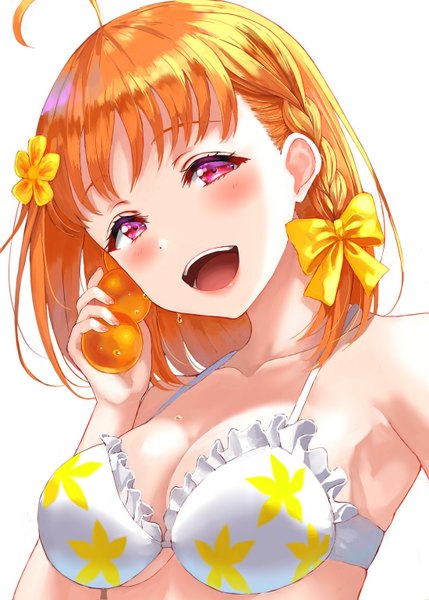 Anime picture 1100x1539 with love live! sunshine!! sunrise (studio) love live! takami chika usamaru67pi single tall image looking at viewer blush short hair open mouth light erotic simple background smile white background bare shoulders holding upper body ahoge braid (braids)