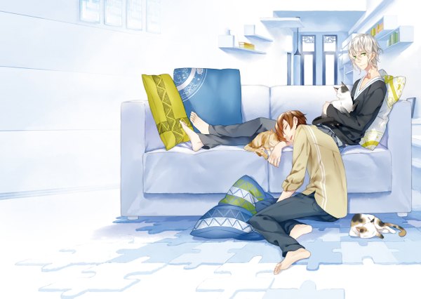 Anime picture 1208x859 with original psd (pixiv) looking at viewer fringe short hair open mouth smile brown hair sitting green eyes white hair barefoot multiple boys no shoes crossed legs blue background sleeping boy animal pillow