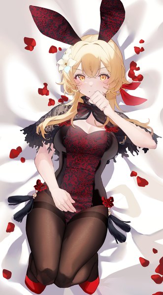 Anime picture 1736x3146 with genshin impact lumine (genshin impact) shotgunman single long hair tall image looking at viewer blush fringe highres breasts blonde hair hair between eyes large breasts animal ears yellow eyes payot cleavage full body bent knee (knees)