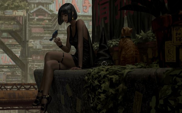 Anime picture 4096x2559 with original guweiz single fringe highres short hair black hair wide image sitting bare shoulders payot looking away absurdres full body bent knee (knees) outdoors blunt bangs lips black eyes realistic