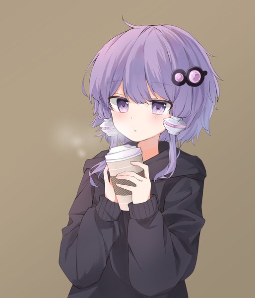 Anime picture 1753x2048 with vocaloid voiceroid yuzuki yukari donguri karappo single tall image looking at viewer blush fringe highres short hair simple background purple eyes holding payot purple hair upper body long sleeves parted lips steam