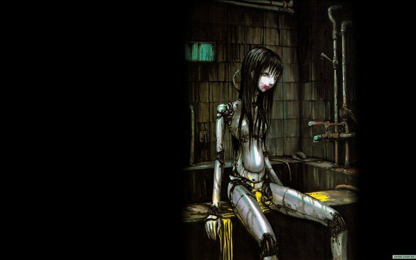 Anime picture 1600x1000 with blame! black hair wide image sitting scan spread legs black background pale skin girl blood robot bath android
