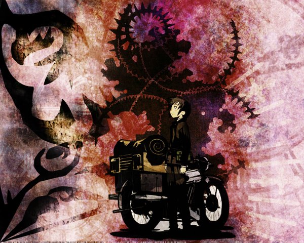 Anime picture 1280x1024 with kino no tabi kino (kino no tabi) hermes kuroboshi kouhaku motorcycle tagme