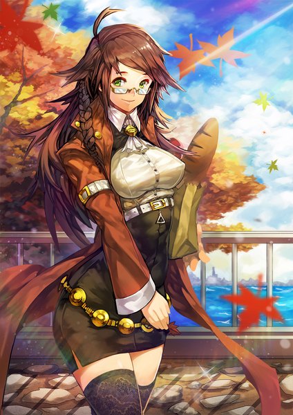 Anime picture 945x1336 with original olygod single long hair tall image looking at viewer smile brown hair green eyes braid (braids) girl thighhighs black thighhighs plant (plants) tree (trees) glasses leaf (leaves) coat