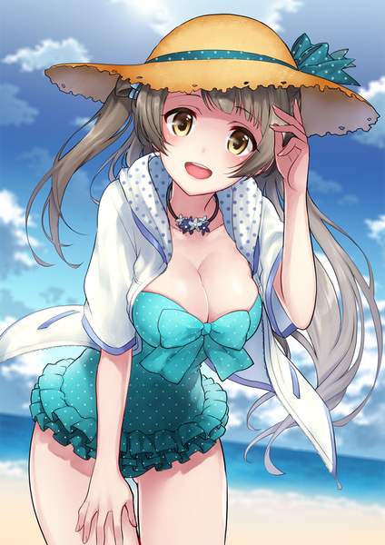 Anime picture 723x1023 with love live! school idol project sunrise (studio) love live! minami kotori hara tsumoi single long hair tall image looking at viewer blush fringe breasts open mouth light erotic brown hair large breasts standing brown eyes payot sky