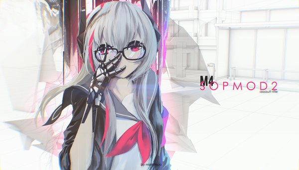 Anime picture 4344x2480 with girls frontline m4 sopmod ii (girls frontline) mienthoa single long hair looking at viewer highres wide image pink hair absurdres upper body pink eyes multicolored hair grey hair two-tone hair streaked hair character names adjusting glasses mechanical arms girl