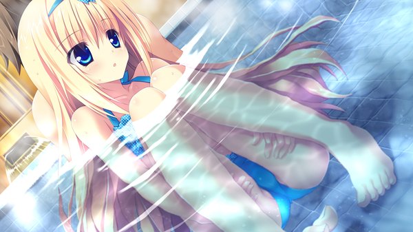 Anime picture 1024x576 with lovely quest long hair blue eyes light erotic blonde hair wide image game cg girl swimsuit water hairband