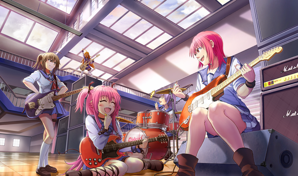 Anime picture 1972x1171 with angel beats! key (studio) yui (angel beats!) iwasawa masami sekine shiori hisako (angel beats!) irie (angel beats!) ashi-mura (artist) long hair blush highres short hair open mouth blonde hair smile red eyes brown hair wide image sitting multiple girls