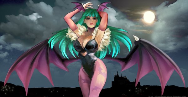 Anime picture 1300x674 with vampire / darkstalkers (game) morrigan aensland kazeki single long hair breasts light erotic wide image green eyes sky cloud (clouds) green hair arms up armpit (armpits) city demon girl demon wings head wings succubus girl