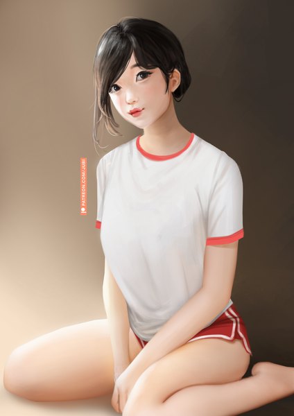 Anime picture 2480x3508 with real life ditta amelia saraswati jubi (regiana) single tall image looking at viewer highres short hair black hair smile sitting signed barefoot black eyes mole bare legs short sleeves lipstick wariza between thighs