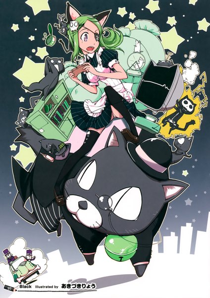 Anime picture 2472x3500 with idolmaster dearly stars original akizuki ryou long hair tall image highres open mouth sitting animal ears pink eyes green hair cat ears girl thighhighs dress black thighhighs star (symbol) cat eyepatch