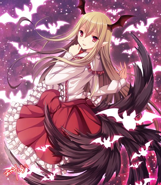 Anime picture 1000x1152 with granblue fantasy vampy ayamisiro single tall image looking at viewer fringe blonde hair hair between eyes red eyes signed tail very long hair pointy ears head wings hand to mouth frilly skirt girl skirt animal