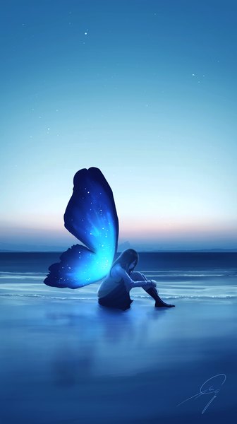 Anime picture 1380x2460 with original kijineko single long hair tall image black hair sitting signed sky outdoors head tilt profile sparkle beach glowing reflection horizon insect wings butterfly wings twilight