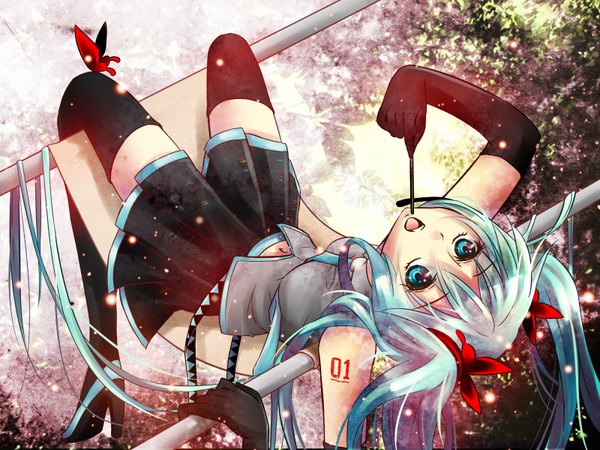 Anime picture 1600x1200 with vocaloid hatsune miku ranyun (artist) long hair open mouth blue eyes twintails green hair sparkle girl thighhighs skirt gloves black thighhighs miniskirt necktie elbow gloves sweets insect butterfly