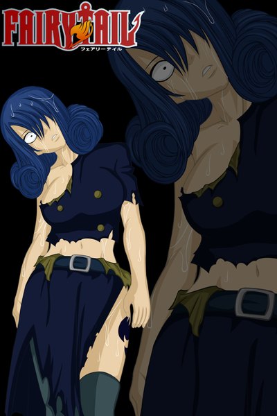 Anime picture 1024x1537 with fairy tail juvia lockser molyneux93 single long hair tall image fringe light erotic blue hair black eyes hair over one eye inscription midriff wet tattoo torn clothes coloring drill hair black background zoom layer