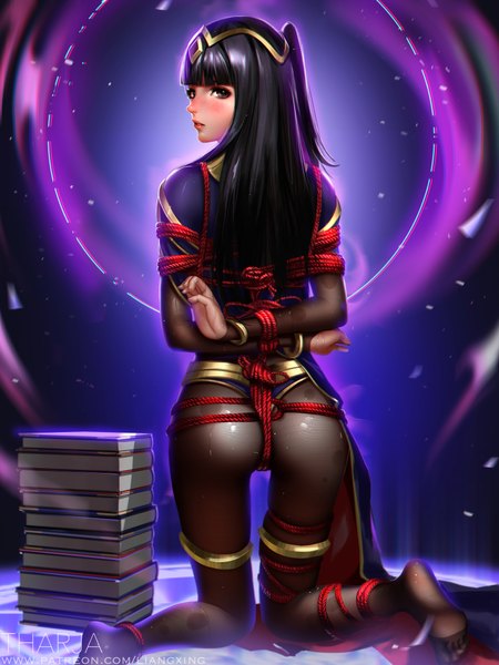 Anime picture 750x1000 with fire emblem fire emblem awakening nintendo sarja liang xing single long hair tall image looking at viewer blush fringe light erotic black hair brown eyes signed ass blunt bangs looking back from behind realistic
