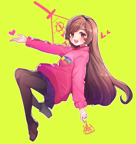 Anime picture 1300x1376 with gravity falls mabel pines woorin single long hair tall image blush fringe open mouth simple background brown hair brown eyes signed looking away full body pleated skirt outstretched arm weightlessness green background girl