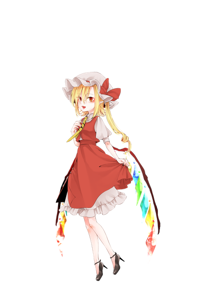 Anime-Bild 2040x2890 mit touhou flandre scarlet souta (karasu no ouchi) single tall image looking at viewer fringe highres short hair open mouth blonde hair smile hair between eyes red eyes standing full body nail polish fingernails pointy ears short sleeves