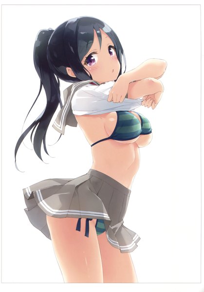 Anime picture 2357x3377 with love live! sunshine!! sunrise (studio) love live! matsuura kanan kani biimu single long hair tall image looking at viewer blush fringe highres breasts light erotic black hair simple background large breasts standing white background purple eyes