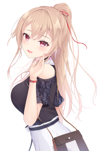 Anime picture 1181x1818 with virtual youtuber nijisanji furen e lustario yumenone (conectarts) single long hair tall image blush fringe open mouth simple background blonde hair hair between eyes white background bare shoulders looking away upper body ponytail :d pink eyes