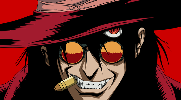 Anime picture 2909x1600 with hellsing alucard (hellsing) single highres black hair smile red eyes wide image teeth close-up red background sharp teeth vampire hat over eyes boy hat sunglasses cartridge