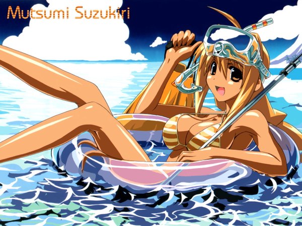 Anime picture 1280x960 with long hair light erotic blonde hair brown eyes tan afloat swimsuit bikini swim ring striped bikini diving mask snorkel flippers