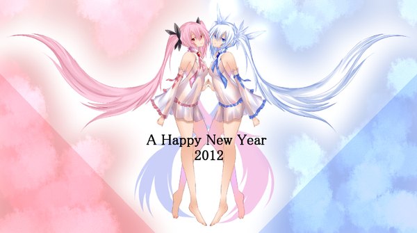 Anime picture 1500x838 with vocaloid hatsune miku yuki miku sakura miku daive blue eyes red eyes wide image twintails bare shoulders multiple girls pink hair cleavage white hair very long hair barefoot happy new year girl bow 2 girls