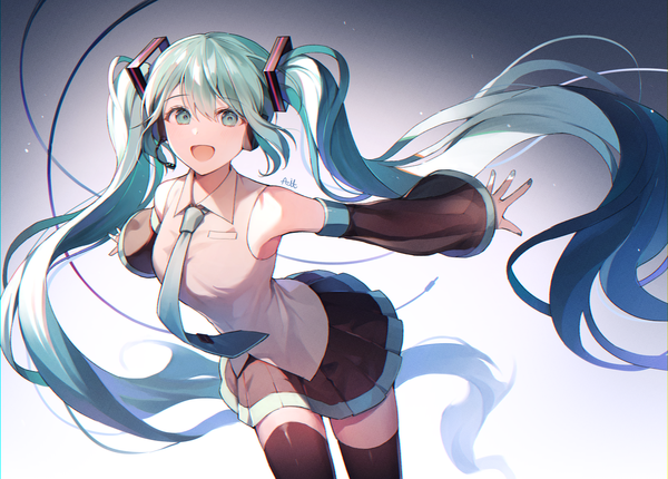Anime picture 3216x2304 with vocaloid hatsune miku azit (down) single looking at viewer highres open mouth twintails signed absurdres very long hair :d pleated skirt aqua eyes aqua hair zettai ryouiki spread arms girl thighhighs skirt