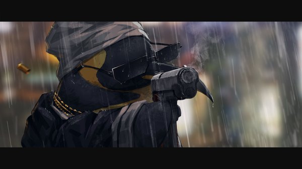 Anime picture 2560x1440 with arknights the emperor (arknights) gh (chen ghh) highres wide image holding upper body blurry depth of field wallpaper letterboxed rain no people smoking gun weapon animal headdress bird (birds) gun necklace
