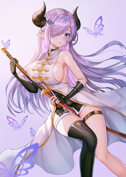 Anime picture 1067x1500 with granblue fantasy narmaya (granblue fantasy) minari (lmina09) single long hair tall image looking at viewer blush fringe breasts open mouth light erotic simple background large breasts standing purple eyes bare shoulders holding payot purple hair