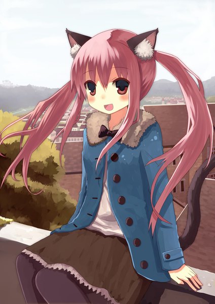 Anime picture 700x990 with original nekomo single long hair tall image blush fringe open mouth smile hair between eyes red eyes sitting twintails animal ears payot looking away sky outdoors red hair tail