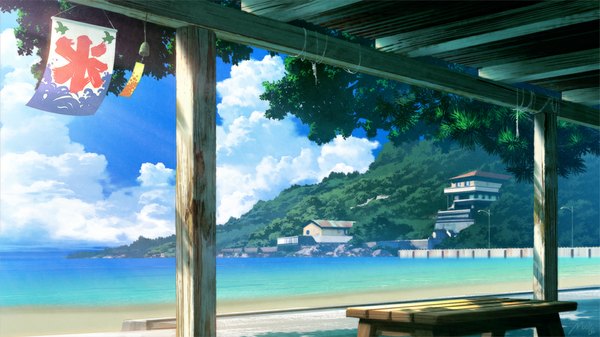 Anime picture 1000x563 with original mocha (cotton) wide image no people landscape scenic summer sea building (buildings) bench island