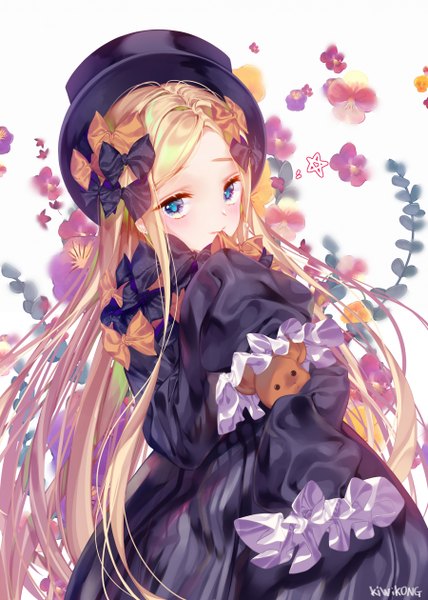 Anime picture 900x1260 with fate (series) fate/grand order abigail williams (fate) kiwikong single long hair tall image looking at viewer blush fringe blue eyes simple background blonde hair standing white background holding signed mouth hold hands in sleeves girl