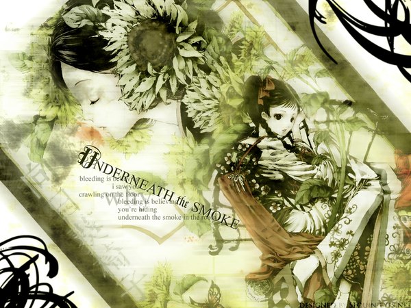 Anime picture 1024x768 with tukiji nao (green glass) black hair multiple girls signed bent knee (knees) braid (braids) eyes closed traditional clothes short sleeves high heels floral print third-party edit green background polychromatic girl flower (flowers) 2 girls sunflower