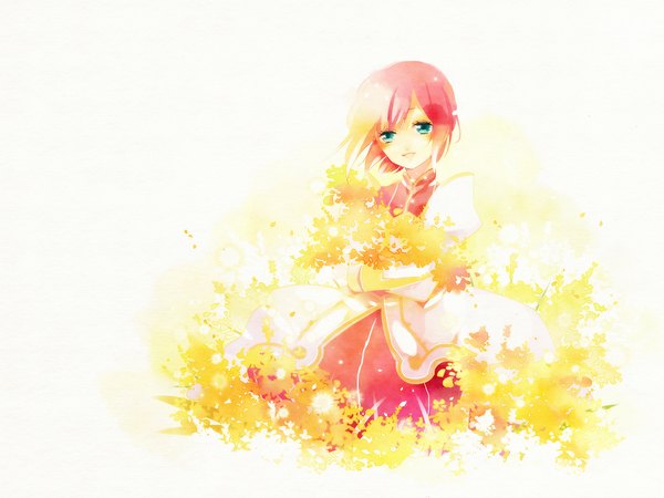 Anime picture 1000x750 with tales of (series) tales of vesperia estellise sidos heurassein yuukichi looking at viewer blush short hair simple background white background pink hair aqua eyes light smile wind girl dress flower (flowers) bouquet