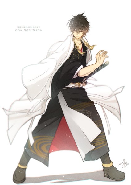 Anime picture 700x989 with ikemen sengoku oda nobunaga (ikemen sengoku) nagisa-a single tall image fringe short hair black hair simple background hair between eyes standing white background looking away full body traditional clothes japanese clothes shadow copyright name character names clothes on shoulders