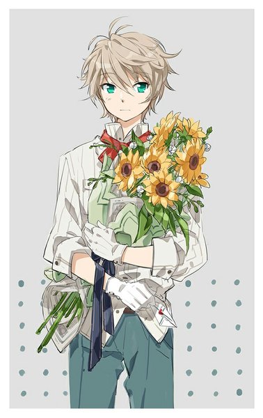 Anime picture 600x951 with aldnoah.zero a-1 pictures slaine troyard isf single tall image short hair simple background green eyes looking away grey hair grey background border boy gloves flower (flowers) ribbon (ribbons) shirt white gloves bouquet
