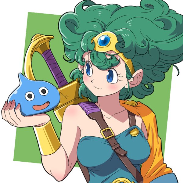 Anime picture 800x800 with dragon quest dragon quest iv slime (dragon quest) heroine (dq4) yazwo single long hair blush fringe blue eyes simple background smile bare shoulders looking away green hair wind curly hair girl weapon sword