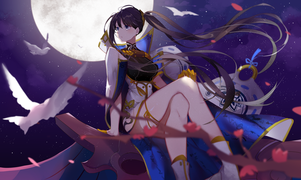 Anime picture 3264x1963 with the legend of sword and fairy: mirror of illusion yuan li akira (ying) long hair highres blue eyes black hair wide image sitting looking away ahoge bent knee (knees) wind night from below night sky crossed legs side ponytail clothes on shoulders hand on knee