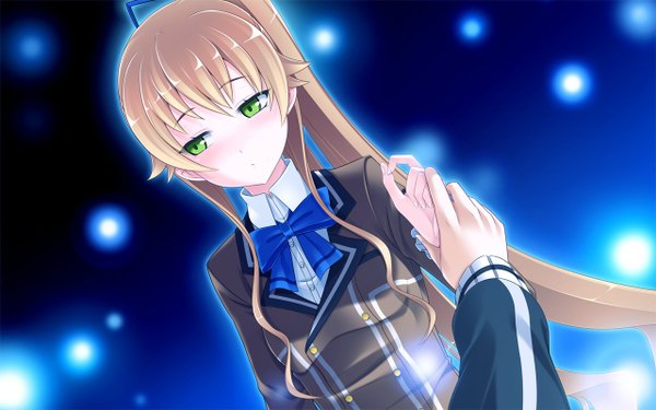 Anime picture 1280x800 with yamiyo ni odore kishimano kouko tel-o long hair blonde hair wide image green eyes game cg ponytail girl serafuku