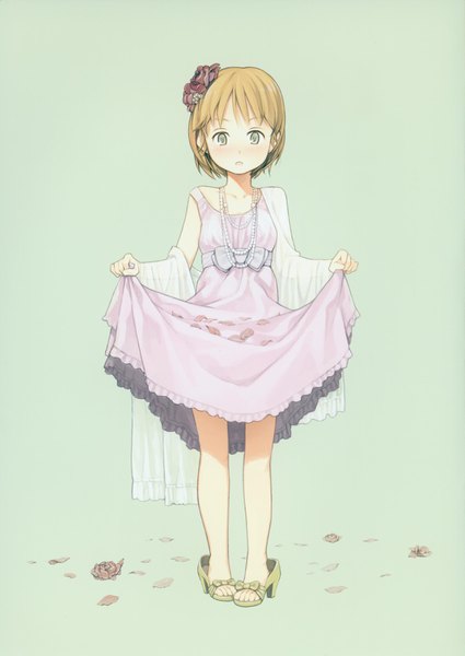 Anime picture 2465x3479 with original tnk (yoshida seiji) - fleurette yoshida seiji single tall image looking at viewer blush highres short hair brown hair standing full body parted lips hair flower scan grey eyes blue background dress lift girl dress