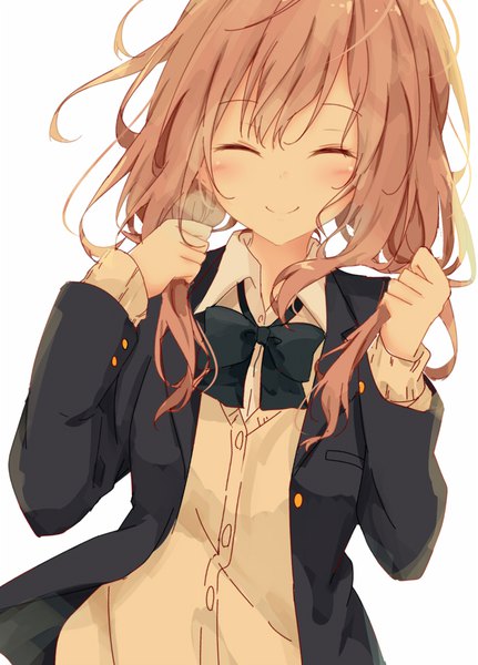 Anime picture 700x974 with koe no katachi kyoto animation nishimiya shouko kurottari single long hair tall image blush fringe simple background smile brown hair white background upper body eyes closed ^ ^ holding hair girl uniform school uniform