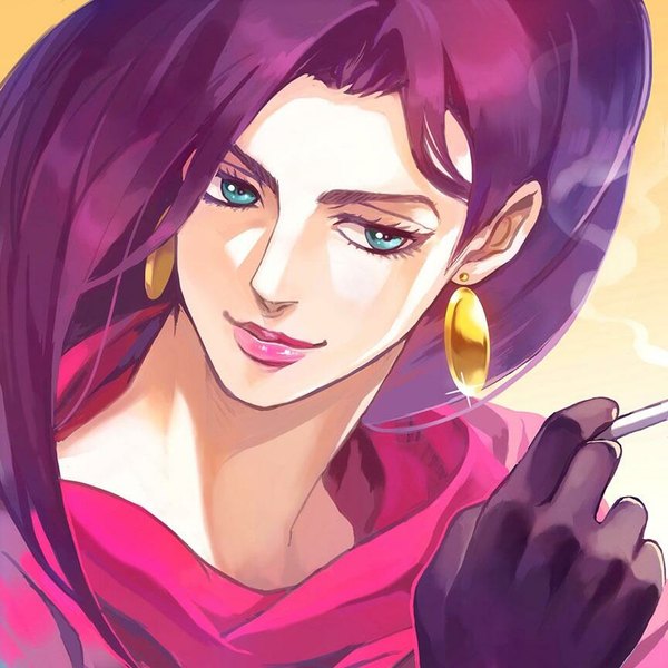 Anime picture 864x864 with jojo no kimyou na bouken lisa lisa guchico single long hair simple background smile looking away purple hair aqua eyes from above lipstick portrait eyebrows yellow background pink lipstick girl gloves earrings black gloves
