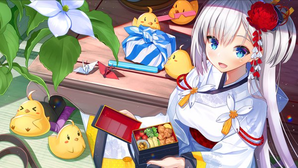 Anime picture 1800x1017 with azur lane manjuu (azur lane) shoukaku (azur lane) at-yui single long hair looking at viewer blush fringe highres breasts blue eyes wide image holding white hair traditional clothes japanese clothes girl hair ornament flower (flowers)