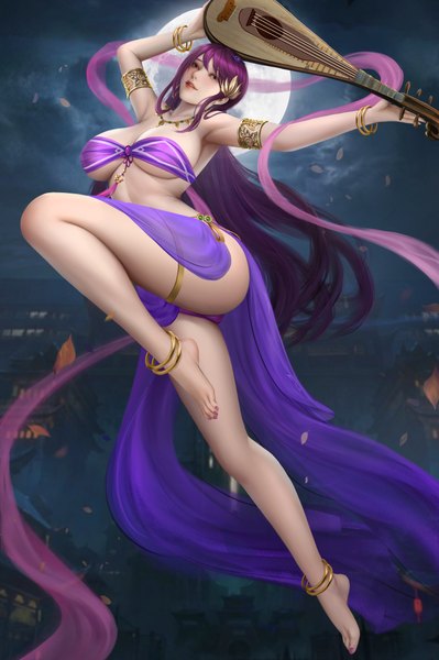 Anime picture 4068x6114 with original goatwillow single long hair tall image fringe highres breasts light erotic smile hair between eyes red eyes large breasts holding absurdres purple hair bent knee (knees) outdoors nail polish parted lips