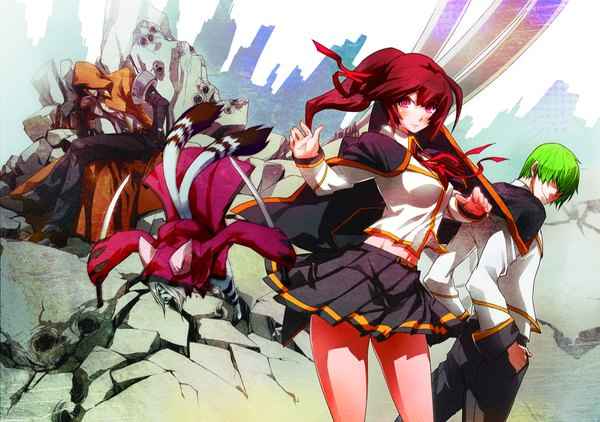 Anime picture 1280x901 with blazblue hazama celica a. mercury terumi tomonori (blazblue) long hair looking at viewer short hair smile brown hair standing sitting ponytail pleated skirt pink eyes green hair light smile multiple boys crossed legs hands in pockets